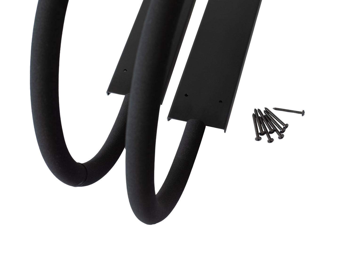 Closeup of the G-Force single board two-piece ceiling mounted surfboard rack with fixtures on a white background