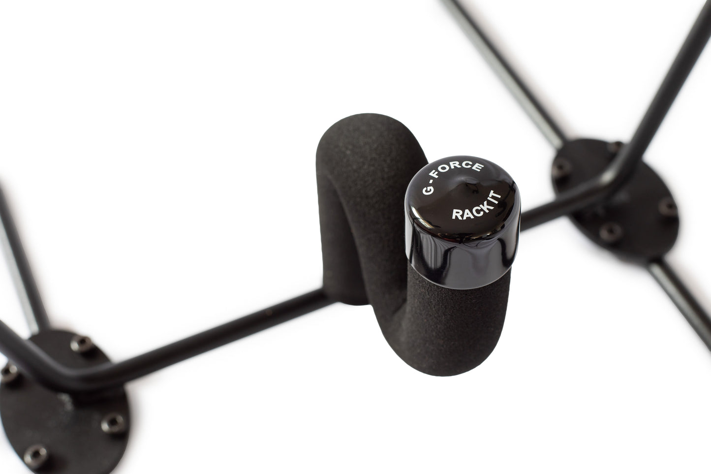 Closeup of the protective padded saddle of a G-Force freestanding wakeboard rack & snowboard rack on a white background