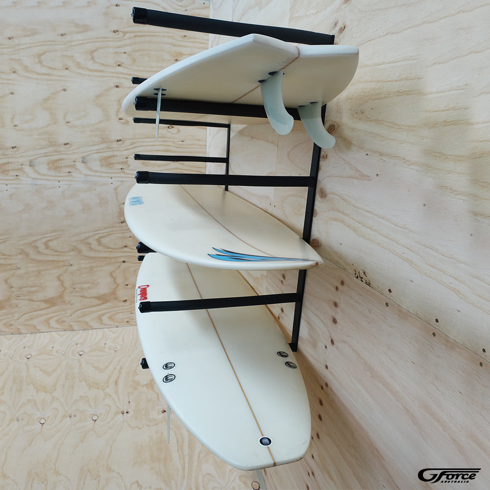Side view of the GF14/6H - Wall Mounted Surfboard Rack holding three surfboards