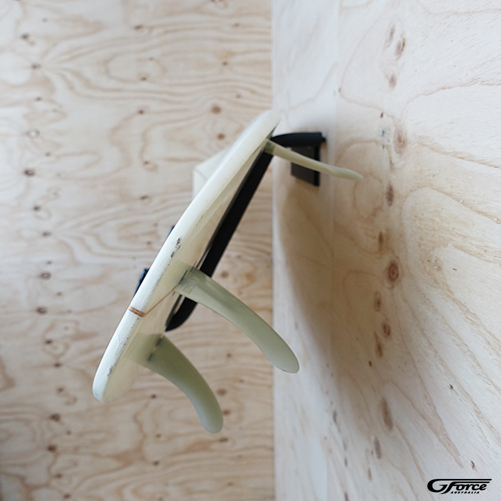 Side view of the GF3 - Wall Mounted Surfboard Rack holding a surfboard