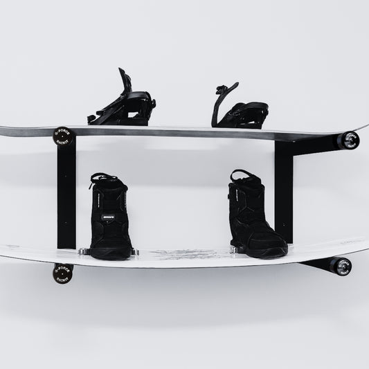 Two wakeboards on the G-Force GFWAKE2 Wall Mounted Wakeboard Rack