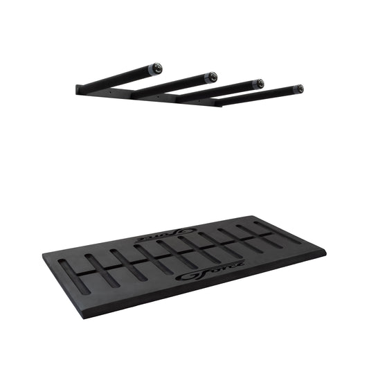The G-Force four board vertical wall mounted surfboard rack with the G-Force Board Mat on a white background