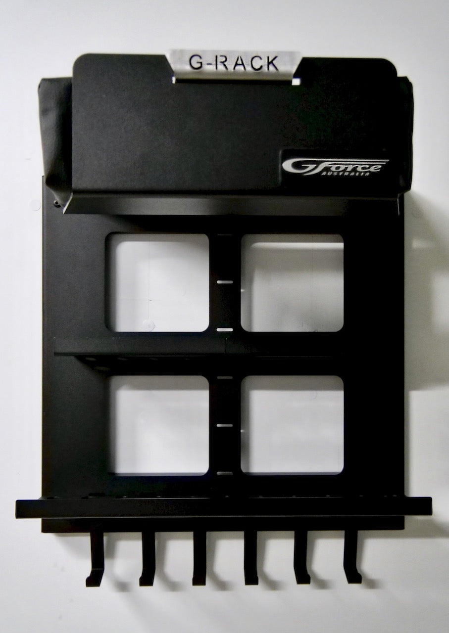 The G-Rack Model 4 - Wall Mounted Mountain Bike Rack mounted on a white wall