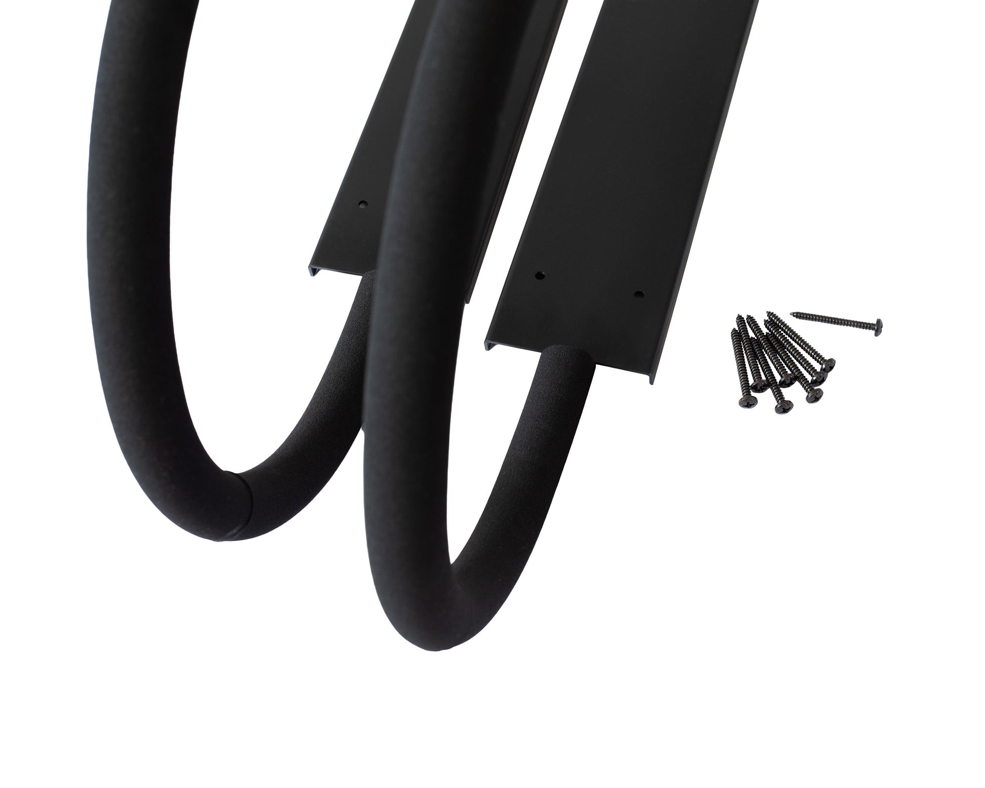 Closeup of the G-Force single board two-piece ceiling mounted surfboard rack with fixtures on a white background