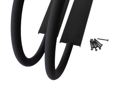 Closeup of the G-Force single board two-piece ceiling mounted surfboard rack with fixtures on a white background