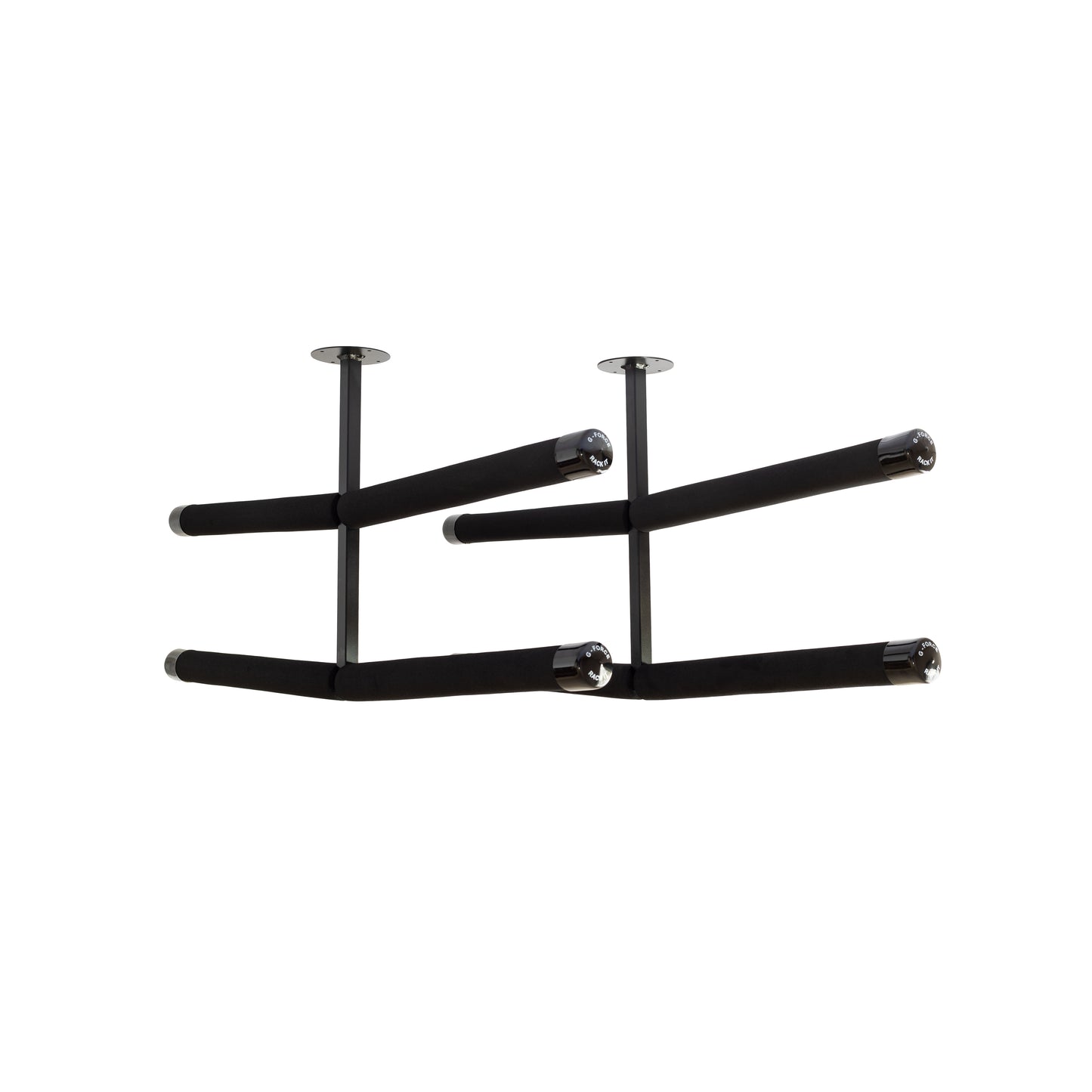 G-Force single board two-piece ceiling mounted surfboard rack on a white background