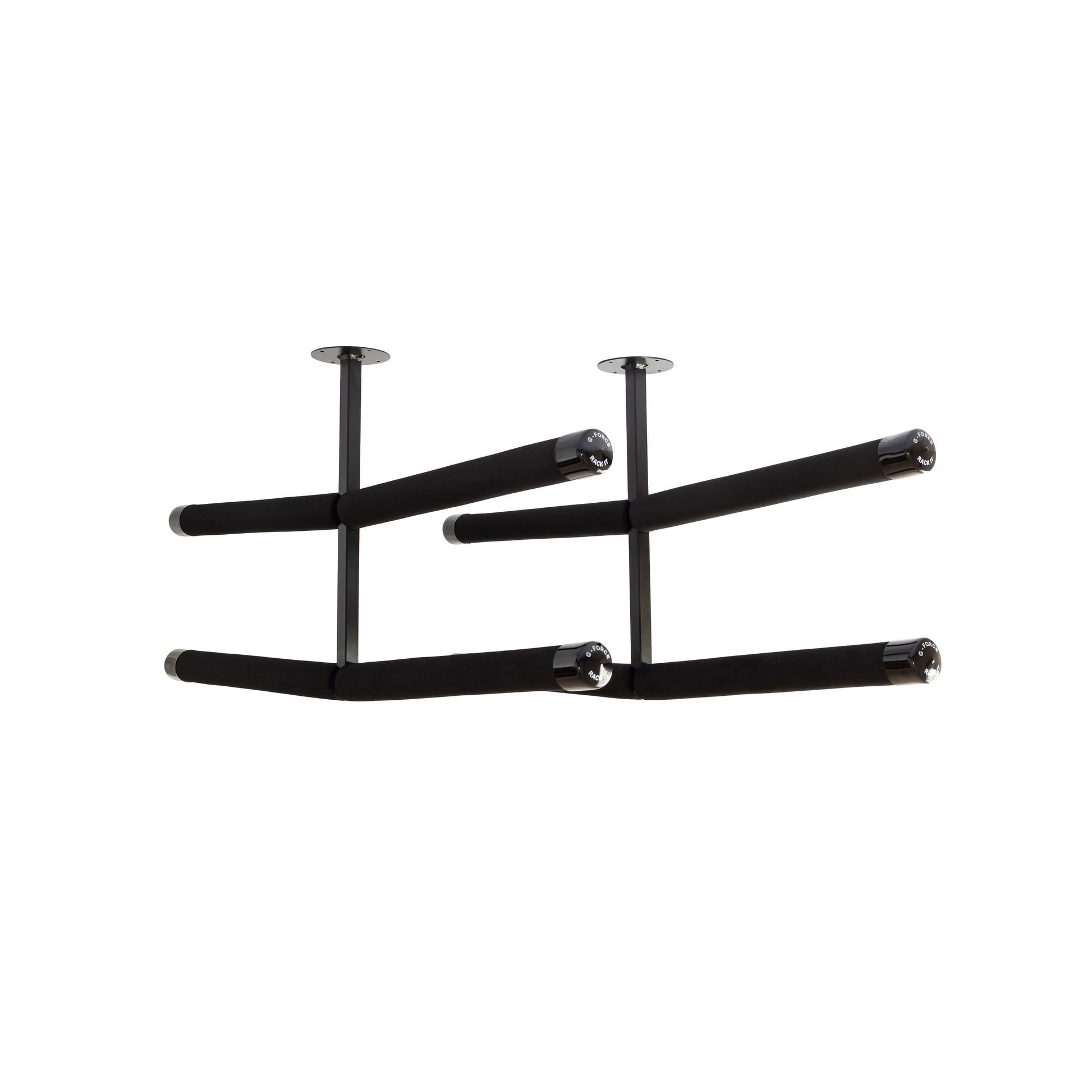 G-Force single board two-piece ceiling mounted surfboard rack on a white background