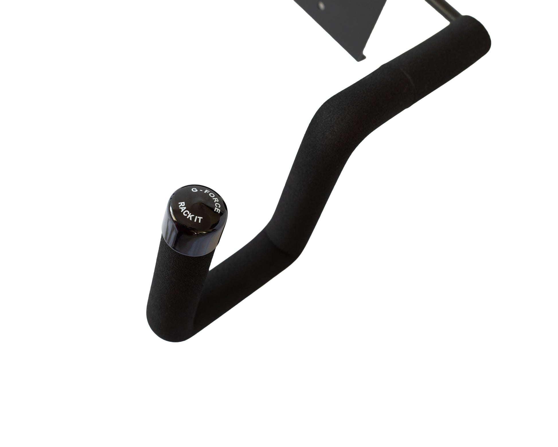 Closeup of a G-Force single board wall mounted surfboard rack on a white background