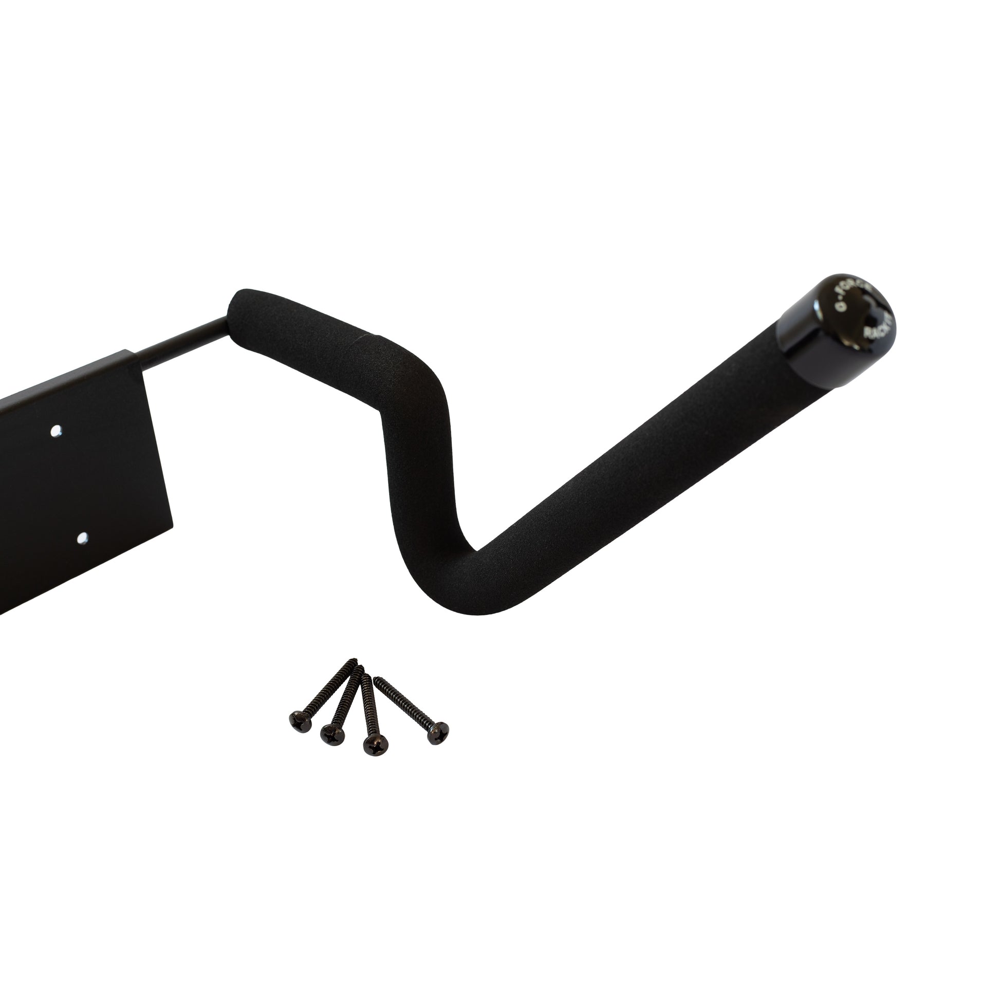 Closeup of a G-Force single board wall mounted surfboard rack with fixtures on a white background