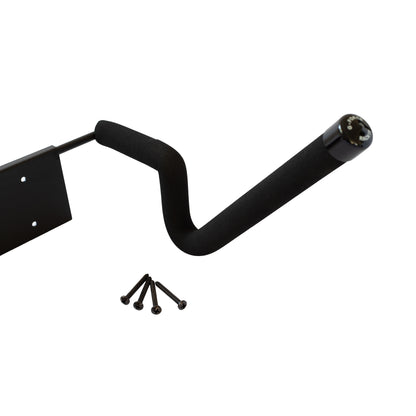Closeup of a G-Force single board wall mounted surfboard rack with fixtures on a white background