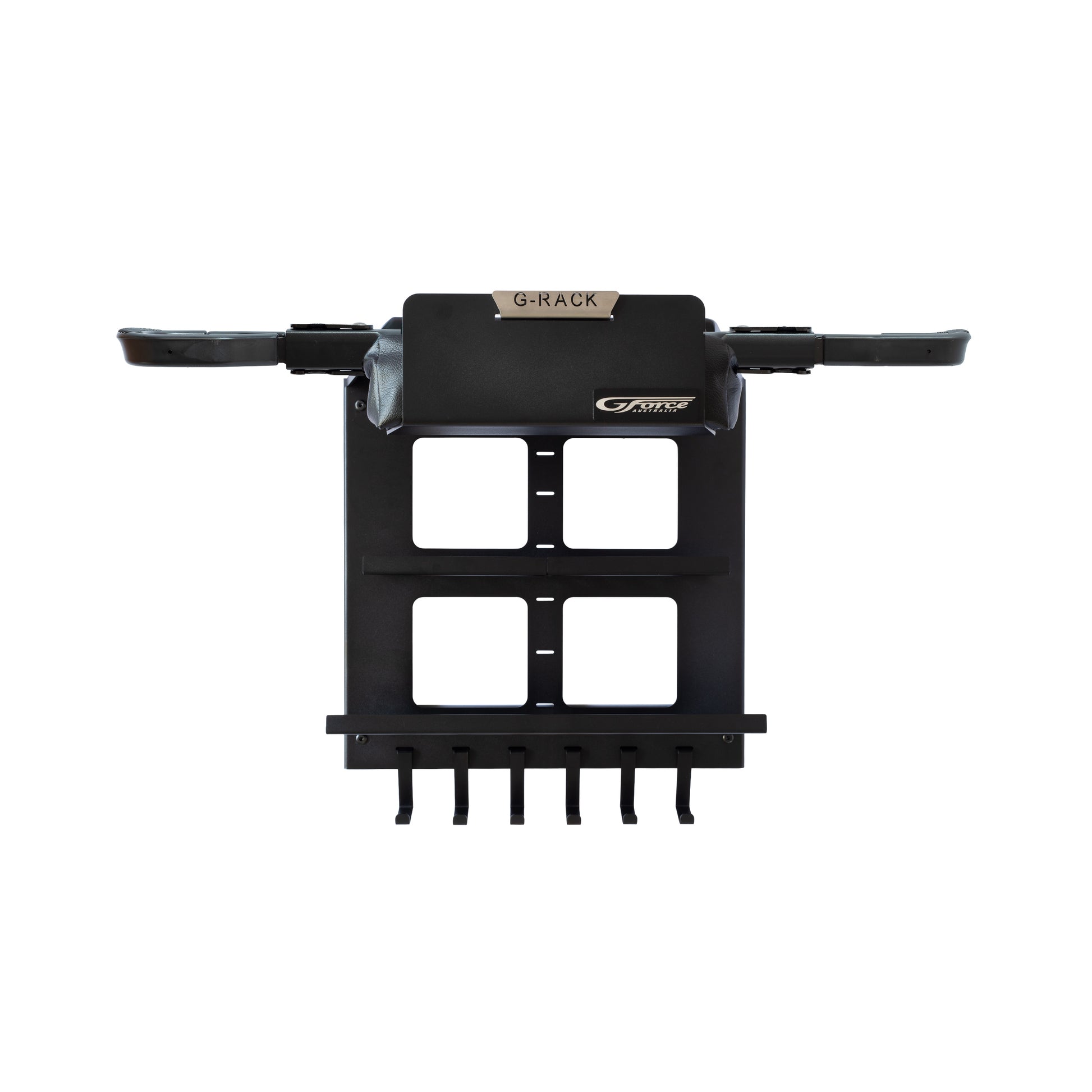 The G-Force G-Rack Model 4 wall mounted bike rack with bike bar, hooks & shelves on a white background