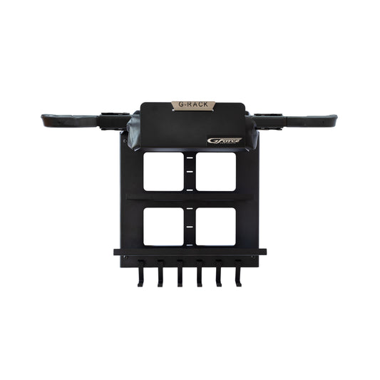 The G-Force G-Rack Model 4 wall mounted bike rack with bike bar, hooks & shelves on a white background