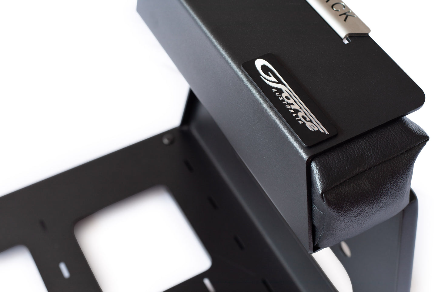 Closeup of the G-Force G-Rack wall mounted bike rack showing the G-Force logo