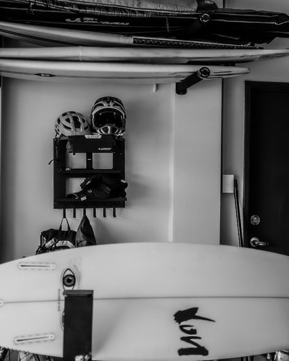 A range of G-Force bike & surfboard racks installed in a garage