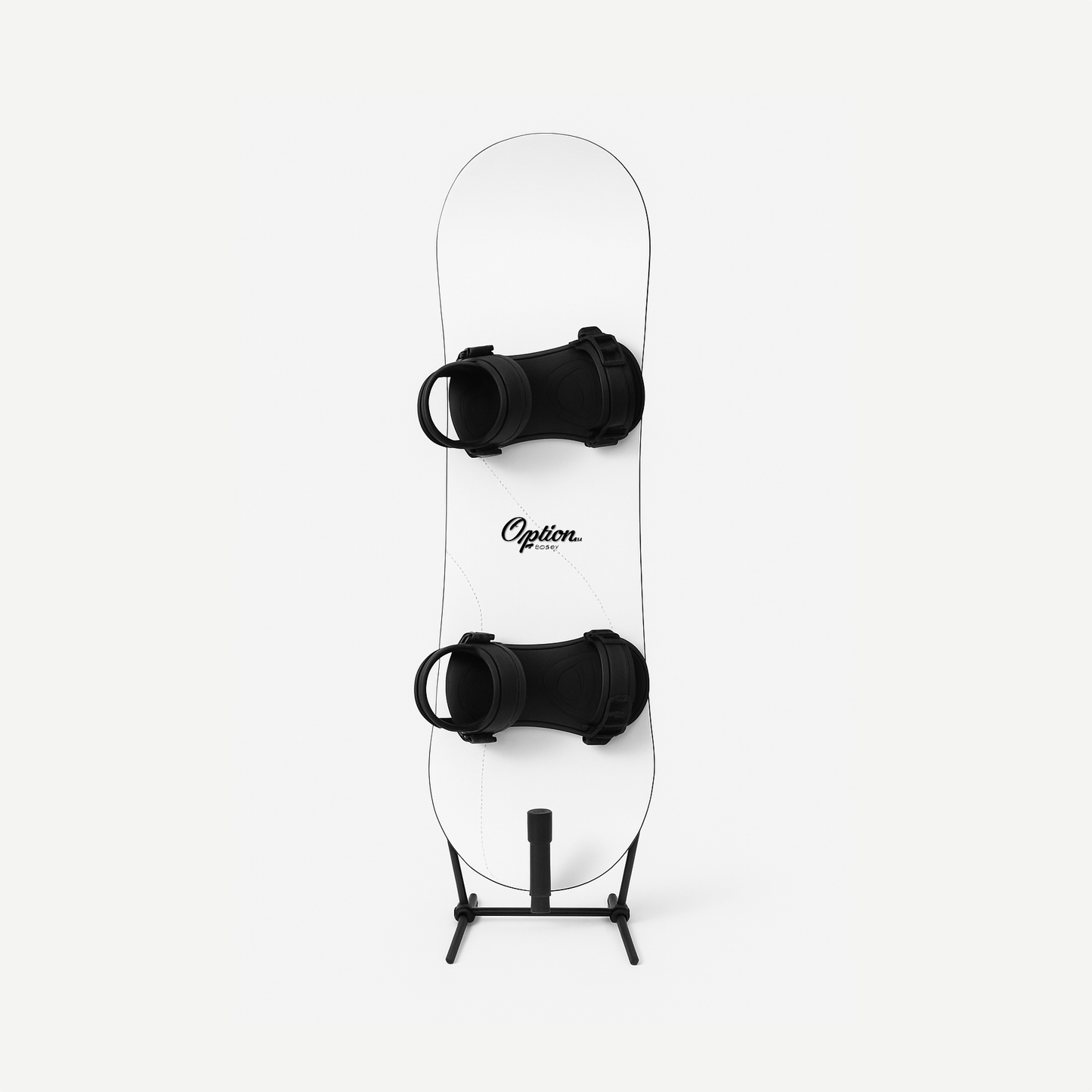 A snowboard standing up in the G-Force Freestanding Snowboard Rack