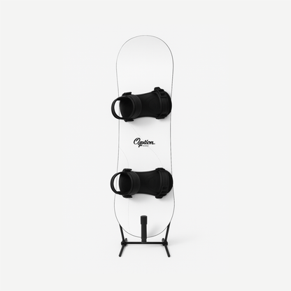 A snowboard standing up in the G-Force Freestanding Snowboard Rack