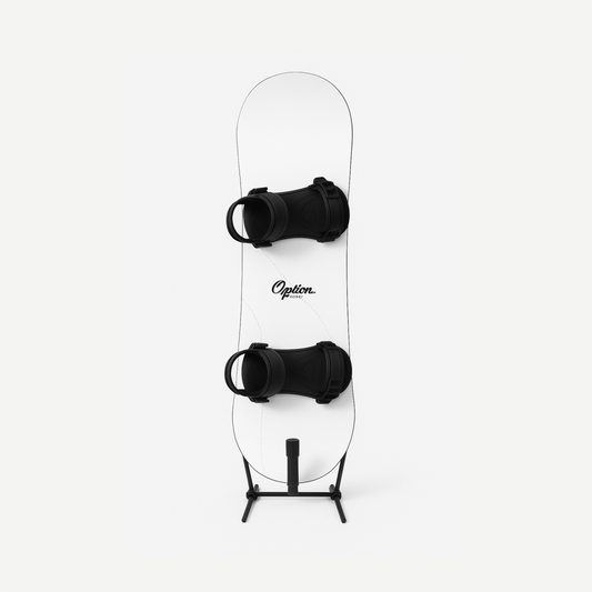 A snowboard standing up in the G-Force Freestanding Snowboard Rack